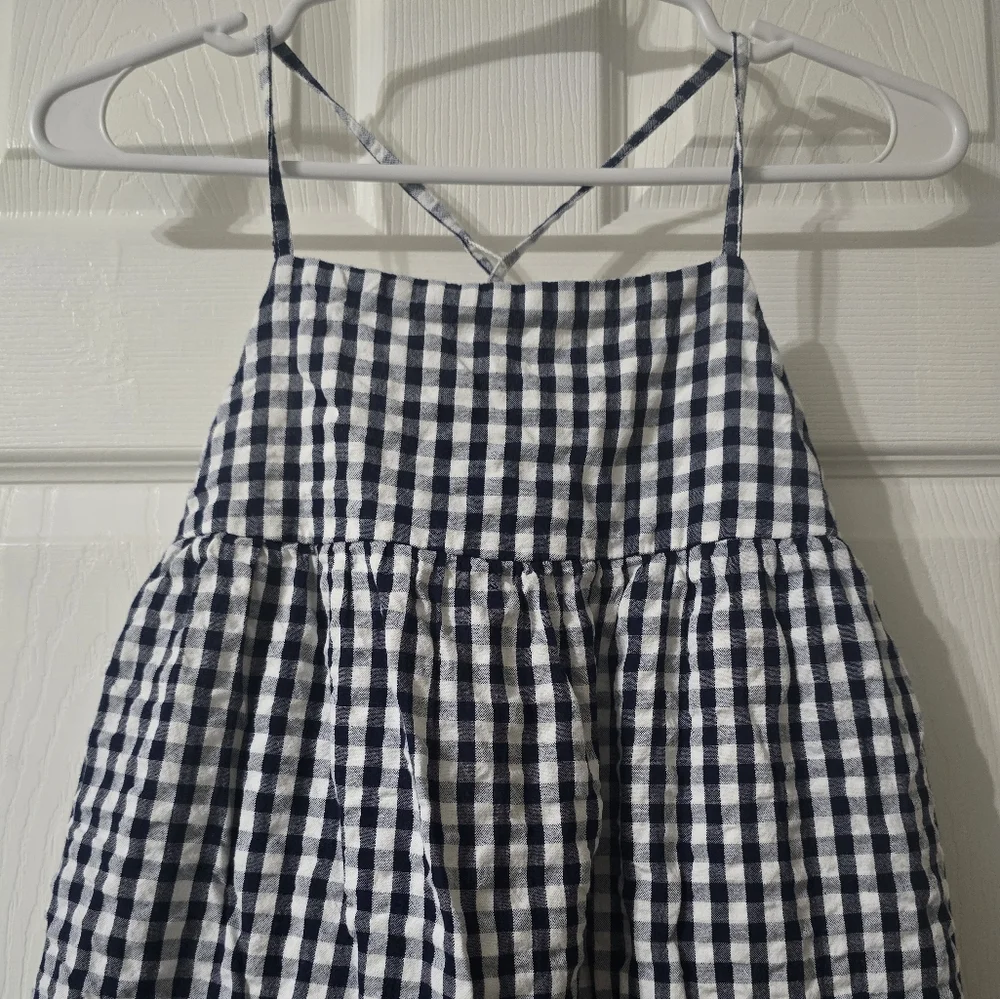 GAP Kids Tiered Gingham Print Cotton Sun Dress, White & Navy Blue, Girls 10/12.